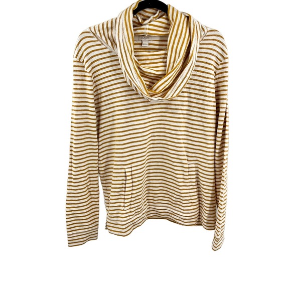 J. Crew Mustard Yellow Cream Striped Turtleneck Cowl Neck Funnel Thick Fabric - Picture 1 of 11